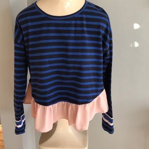 Deletta(Anthropologie) royal/blk stripe ruffle top
